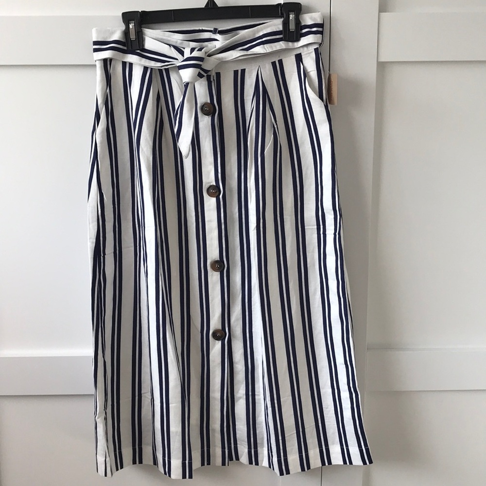 Navy Striped Midi Skirt with Pockets